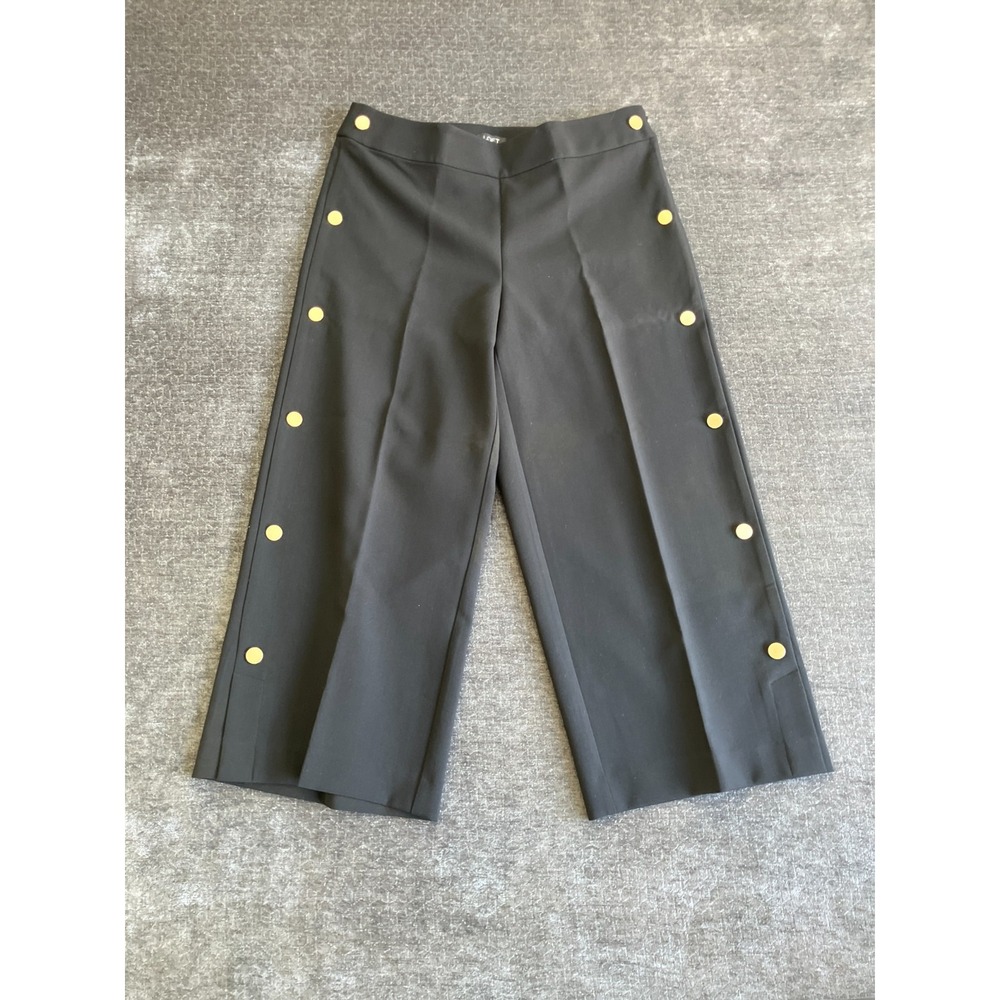 LOFT Sailor Crop Pants Womens 6 Black Stretch Gold Tone Button Wide Leg Pull On